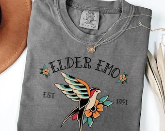 Custom Date Elder Emo Tshirt, American Traditional Sparrow Graphic Tee, Unisex Birthday Gift for Her & Him, Concert Shirt, Emo Nite T-shirt