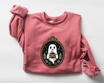 Bonita sudadera con bordado inspirado en fantasmas, amante del café con especias de calabaza, suéter de Halloween de estilo vintage bordado, regalo de temporada espeluznante