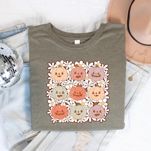 Cute Pumpkin Halloween Shirt, Fall Jack-o-lantern Tshirt, Spooky Season, Floral Retro Pumpkin Tee, Autumn Thanksgiving Tee, Women&#39;s Fall Top