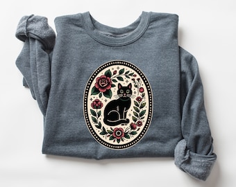 Traditional Embroidery* Inspired Black Cat Sweatshirt, Halloween Fall Spooky Season Shirt, Cat Lovers Gift, Witchy Girl Gift for Her