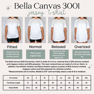 May include: Bella Canvas 3001 jersey t-shirt size chart. The chart shows the measurements in inches for the full body length and body width of the t-shirt in sizes XS, S, M, L, XL, 2XL, 3XL, and 4XL. The chart also includes a description of the fit for each size: Fitted, Normal, Relaxed, and Oversized.