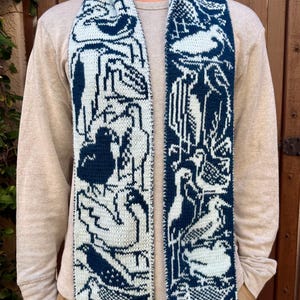 Puede incluir: Bufanda de punto con un patr&oacute;n repetido de aves en azul marino y blanco roto. La bufanda est&aacute; drapeada alrededor del cuello, mostrando el dise&ntilde;o detallado. La bufanda est&aacute; hecha de un material suave.