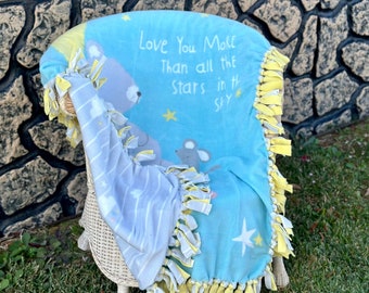Adorable Baby Blanket Reversible Handmade Moon & Stars Toddler Tie Fleece Throw
