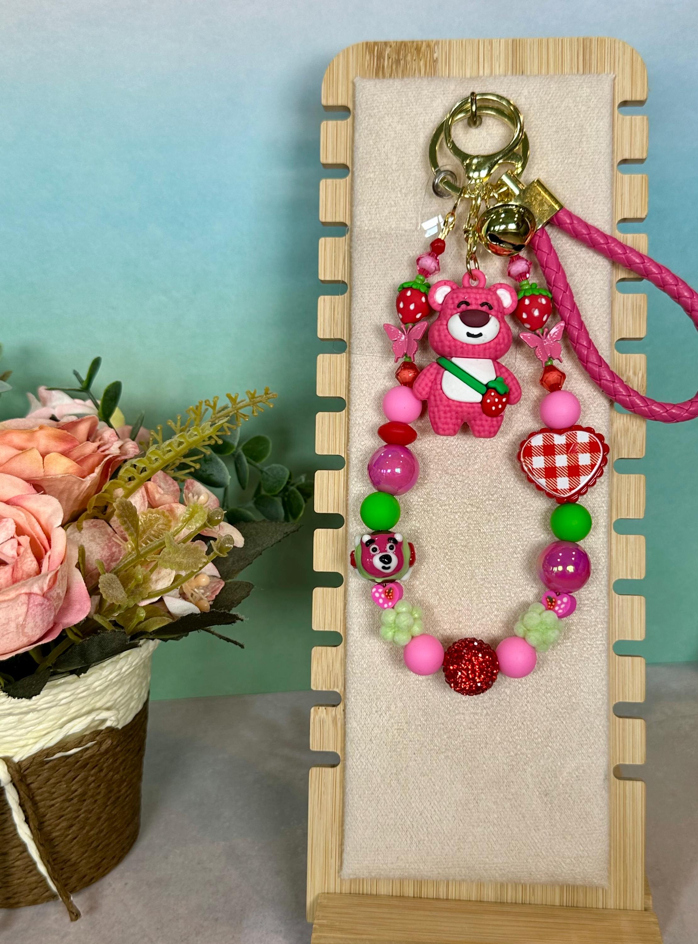 Strawberry Pink Candy Bear Handmade Cell Phone Strap | Lotso | Hand-Painted Beads | Keychain  | Toy Story Animation | Attachment Included