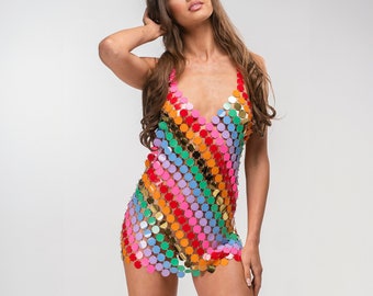 Elexia Colorful Sequin Party Dress / Rainbow Festival Dress / LGBTQ Pride Costume / Glitter Party Dress / Mirror Disco Dress / SANDCAT