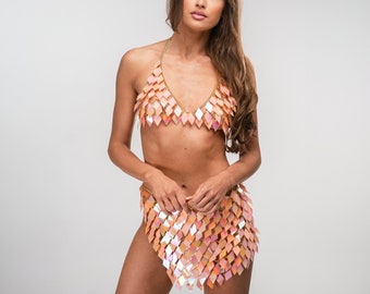 Polaris Set Holographic Pink / Rose Gold Sequin Festival Crop Top and Skirt Set / Reflective Party Wear / Sexy Rave Outfit / SANDCAT