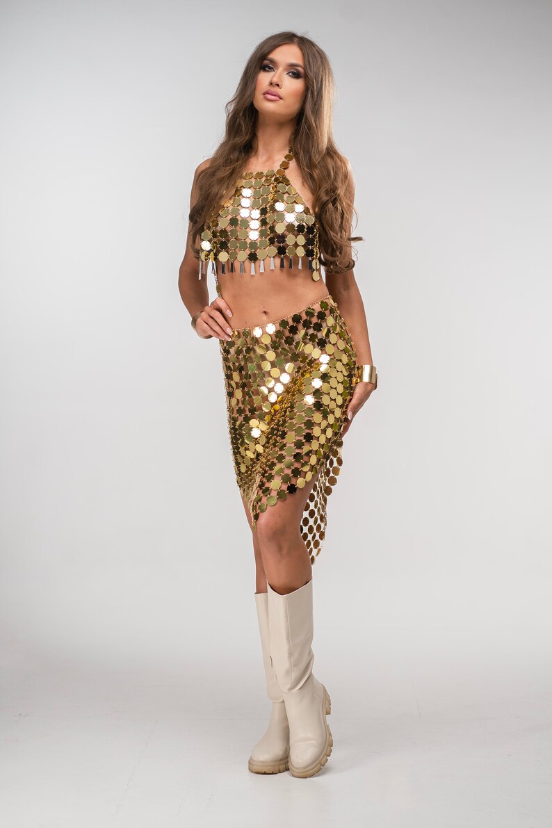 Ysanne Long Skirt Gold / Golden Mirror Sequin Skirt / Festival, Party and Rave Outfit / Shiny Party Long Skirt / SANDCAT image 2