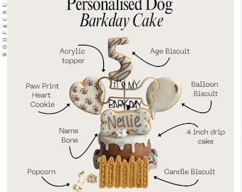 Dog Birthday Topper Cake treat box with iced biscuits, Homemade Personalised iced cake - healthy DOGGY GIFT for puppy dog - Beige Brown
