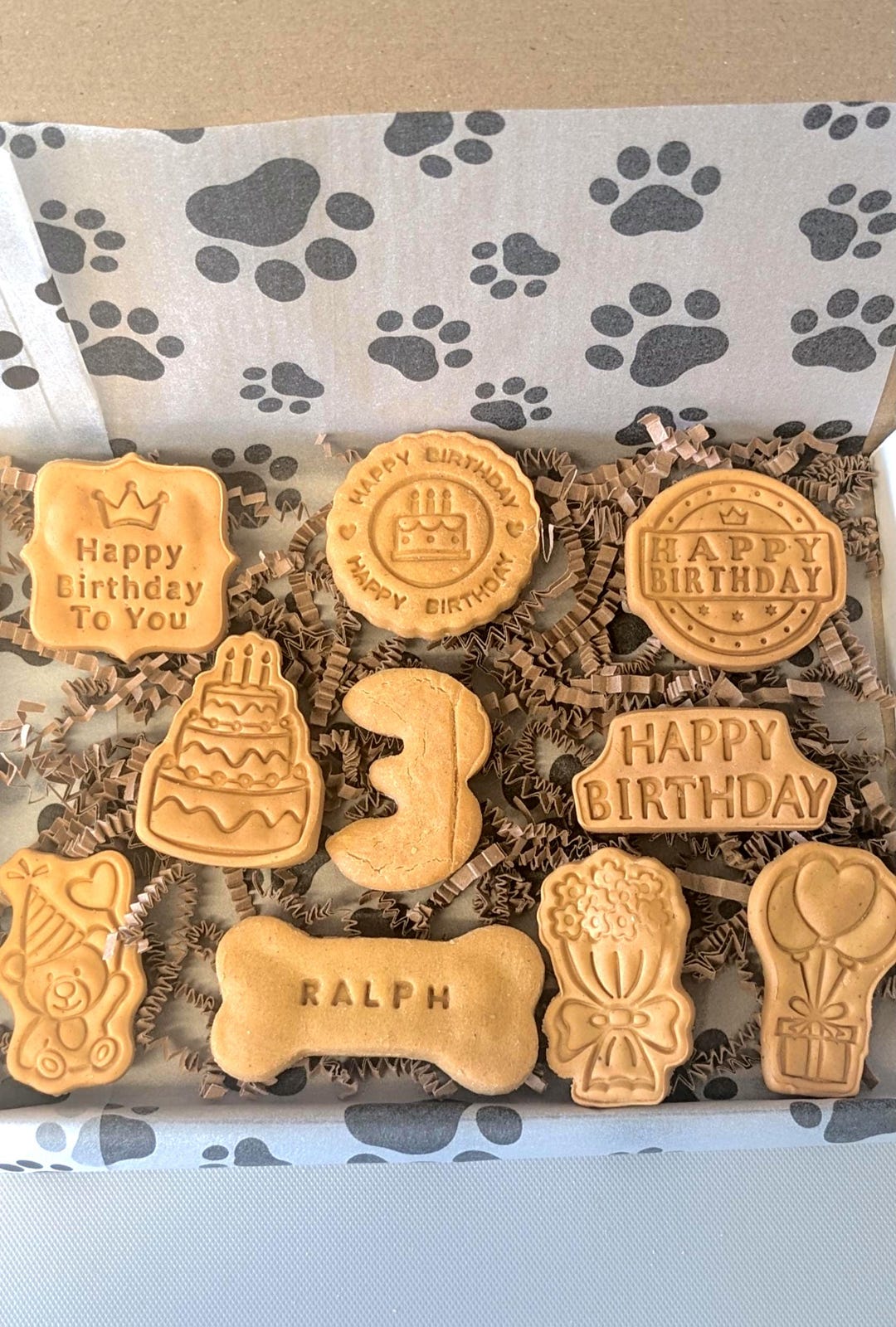 Dog Birthday Box, Homemade Grain Free Personalised Biscuit Treats X10