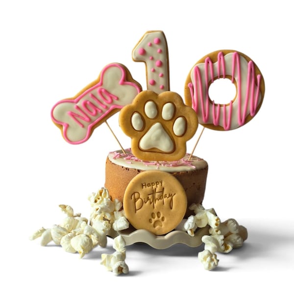 Dog Birthday Cake treat box with iced biscuit toppers, Homemade Personalised iced cake - healthy DOGGY GIFT for puppy dog - Pink and white
