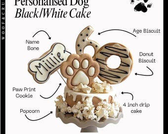 Dog Birthday Cake treat box with iced biscuit toppers, Homemade Personalised iced cake - healthy DOGGY GIFT for puppy dog - Black and white
