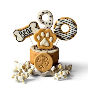 Dog Birthday Cake treat box with iced biscuit toppers, Homemade Personalised iced cake - healthy DOGGY GIFT for puppy dog - Black and white
