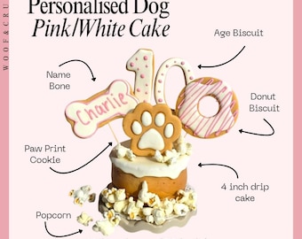 Dog Birthday Cake treat box with iced biscuit toppers, Homemade Personalised iced cake - healthy DOGGY GIFT for puppy dog - Pink and white