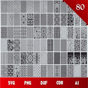 May include: A collection of 80 black and white geometric and floral patterns. The patterns are arranged in a grid and are suitable for laser cutting, CNC, and other crafting projects.
