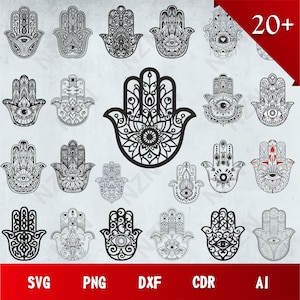 May include: A set of 20+ black and white hamsa hand SVG cut files. The hamsa hand is a popular symbol of protection and good luck in many cultures.