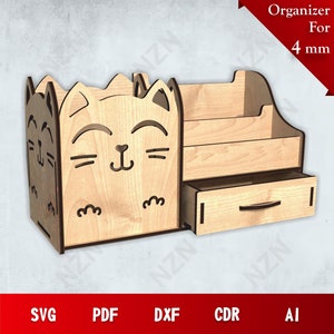 Cat Desk Organiser Laser Cut SVG, Laser Cut Wood Organizer, Vector Files, .Png, .Svg, .Dxf, .Cdr, .Ai,INSTANT DOWNLOAD, Wood Laser Cut