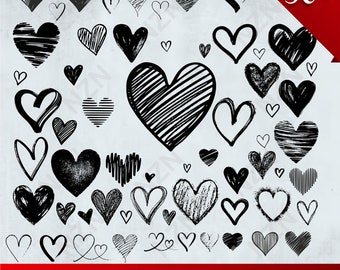 May include: A collection of 30+ hand-drawn heart shapes in black ink on a white background. The hearts are of various sizes and styles, including simple outlines, filled-in shapes, and hearts with stripes and textures.