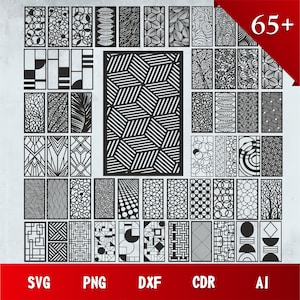 May include: A collection of 65+ black and white geometric patterns for laser cutting. The patterns are arranged in a grid and include a variety of shapes, lines, and textures. The patterns are suitable for use in a variety of projects, such as home decor, crafts, and DIY projects.
