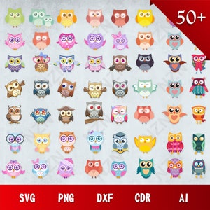 Op de afbeelding: Een set van 50+ kleurrijke uil illustraties in verschillende poses en ontwerpen. De uilen zijn in verschillende kleuren, waaronder roze, blauw, groen, geel en rood. De illustraties zijn perfect voor knutselen, scrapbooking en andere creatieve projecten.