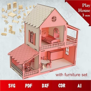 May include: A pink and beige wooden dollhouse with a balcony and a furniture set. The dollhouse is 3 mm thick and is made of plywood. The furniture set includes a bed, a table, chairs, and other items. The dollhouse is a great gift for children who love to play pretend.
