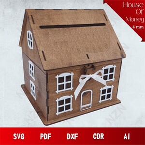 Huis van geld lasergesneden SVG, lasergesneden houten organisator, vectorbestanden, .Png, .Svg, .Dxf, .Cdr, .Ai, INSTANT DOWNLOAD, spaarpot