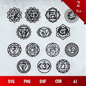 May include: A set of 12 black and white SVG, PNG, DXF, CDR, and AI files featuring the seven chakras and the Om symbol. The chakras are represented by stylized circular designs with Sanskrit symbols and geometric patterns.