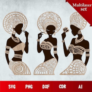May include: Three layered silhouette designs of women wearing traditional African headwear and clothing. The designs are in black and brown with intricate patterns and details. The designs are labelled "Multilayer set".