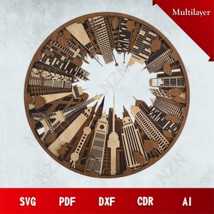Meerlaagse World City SVG | Vectorbestanden voor 3D-muurkunst | Knipbestand direct downloaden | Decoratief houten ontwerp