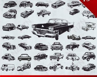 May include: A collection of 45+ vintage car illustrations in black and white. The illustrations are in various styles and include sedans, trucks, and a race car.