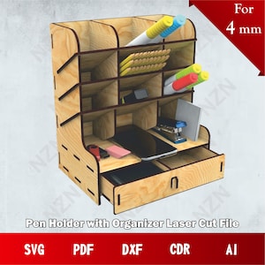 Portalápices cortado con láser SVG, organizador de madera cortado con láser, archivos vectoriales, .png, .svg, .dxf, .cdr, .ai, descarga instantánea, archivo cortado