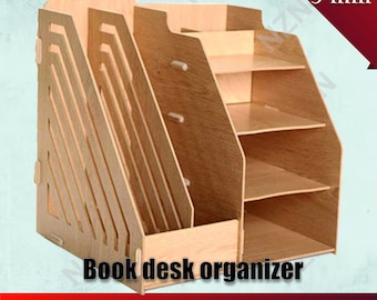 May include: A wooden book desk organizer with multiple compartments and shelves. The organizer has a natural wood finish and includes slots for files and three shelves for storage. The text "Book desk organizer" is displayed on the front.
