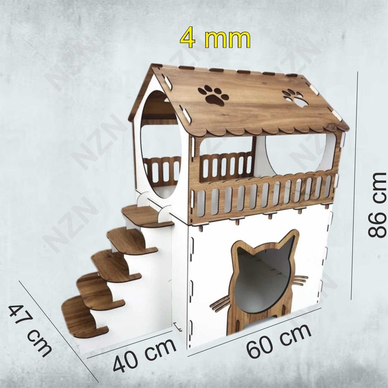 K&ouml;nnte beinhalten: Ein wei&szlig;es und braunes Katzenhaus aus Holz mit einer Plattform, Treppen und einer katzenf&ouml;rmigen &Ouml;ffnung. Das Haus ist 47 cm hoch, 40 cm breit und 60 cm tief. Das Haus ist aus 4 mm dickem Holz gefertigt.