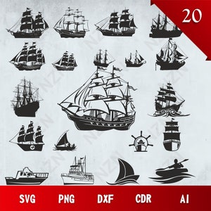 May include: A set of 20 black and white silhouette images of ships and nautical elements. The images include sailboats, ships, a steering wheel, a boat with an oar, and a wave.