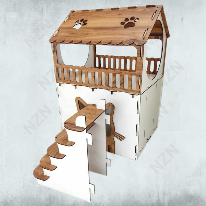 K&ouml;nnte beinhalten: Ein Katzenhaus aus Holz mit einer Plattform, einer Rampe und einer Treppe. Das Haus ist wei&szlig; lackiert mit braunen Akzenten. Das Dach hat ausgeschnittene Pfotenabdr&uuml;cke.