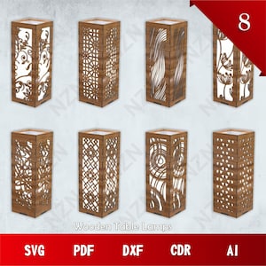 May include: Eight wooden table lamp designs featuring intricate cutouts. The lamps are crafted from natural wood and have a light brown finish. The designs include geometric patterns, floral motifs, and abstract shapes. The lamps are ideal for adding a touch of elegance to any room.