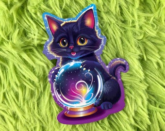 Crystal Ball Cat Decal Sticker - Waterproof Decal, Laptop Sticker, Halloween Sticker