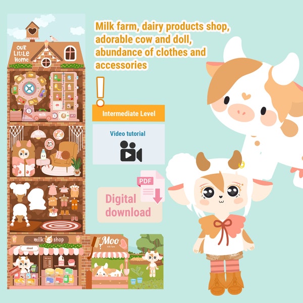 Milk farm, dairy products shop, adorable cow and doll, abundance of clothes and accessories. Crafty Kids' Paper Dolls Set \ PDF