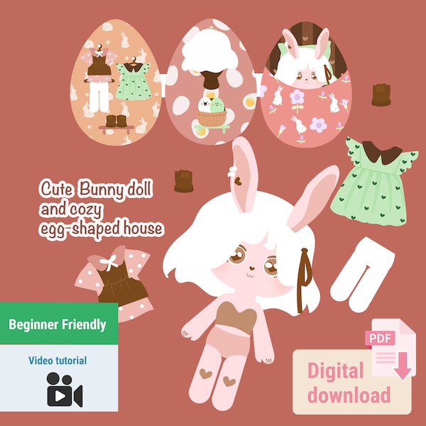 Printable paper doll set - cute bunny and her egg-shaped house \ PDF