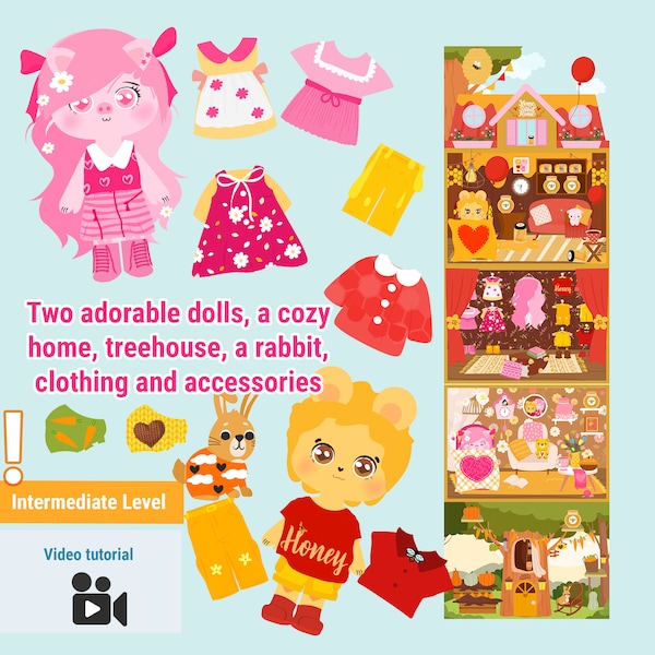 Yellow Bear and Piglet Paper Dolls Craft Kit with Rabbit - Printable Playtime Set \ PDF
