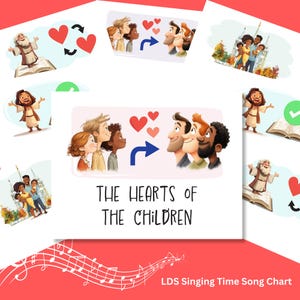 Op de afbeelding: Een liedjeskaart getiteld "The Hearts of the Children" met illustraties van mensen, harten en religieuze figuren. De kaart heeft een rode achtergrond met muzieknoten en de tekst "LDS Singing Time Song Chart".