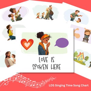 Może przedstawiać: Zbiór ilustracji do kart piosenek LDS Singing Time. Główna karta przedstawia kobietę z dymkiem i tekstem "LOVE IS SPOKEN HERE". Inne ilustracje przedstawiają rodziny i osoby w różnych scenach, z czerwonym pięciolinią na dole.