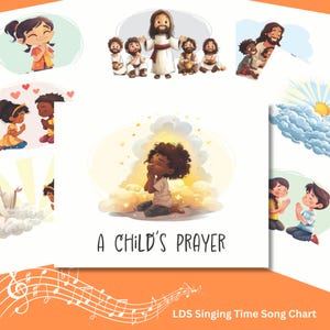 May include: A colorful illustration featuring various depictions of prayer. The central image shows a child kneeling in prayer, surrounded by clouds and stars. The text "A Child's Prayer" is displayed. Other images show people praying and religious figures.