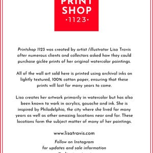May include: A white background with red text that reads "PRINT SHOP &bull;1123."  The text is in a bold, sans-serif font. Below the text is a description of the artist and their work. The artist creates watercolor paintings and prints them on archival paper.