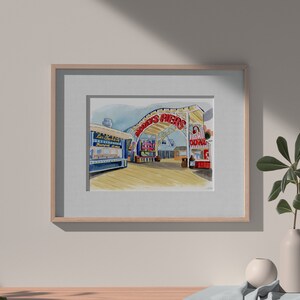 Art print of original watercolor painting by Lisa Travis. This print depicts the entrance to Morey's Piers, located on the boardwalk in Wildwood, New Jersey.