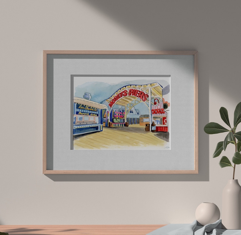 Art print of original watercolor painting by Lisa Travis. This print depicts the entrance to Morey's Piers, located on the boardwalk in Wildwood, New Jersey.