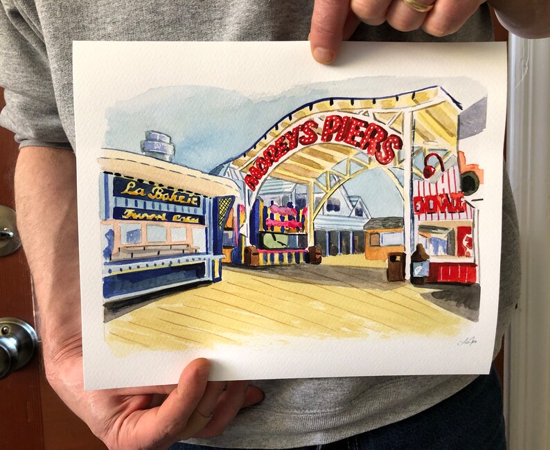 10 x 12 inch giclee print of an original watercolor painting. Subject is Morey's Pier's in Wildwood, New Jersey.