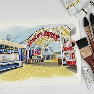 May include: A watercolor painting of a boardwalk scene with a red and white striped awning that reads "Mooey's Piers". There is a blue and yellow building with the text "La Bakerie" and "Sweet Treats" on the left side of the image.