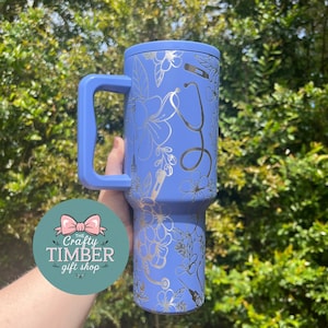40oz Floral Nurse Tumbler - Engraved Tumbler With Handle - Simple Modern Trek Tumbler - Simple Modern Nurse Tumbler - Stanley Dupe Tumbler image 1