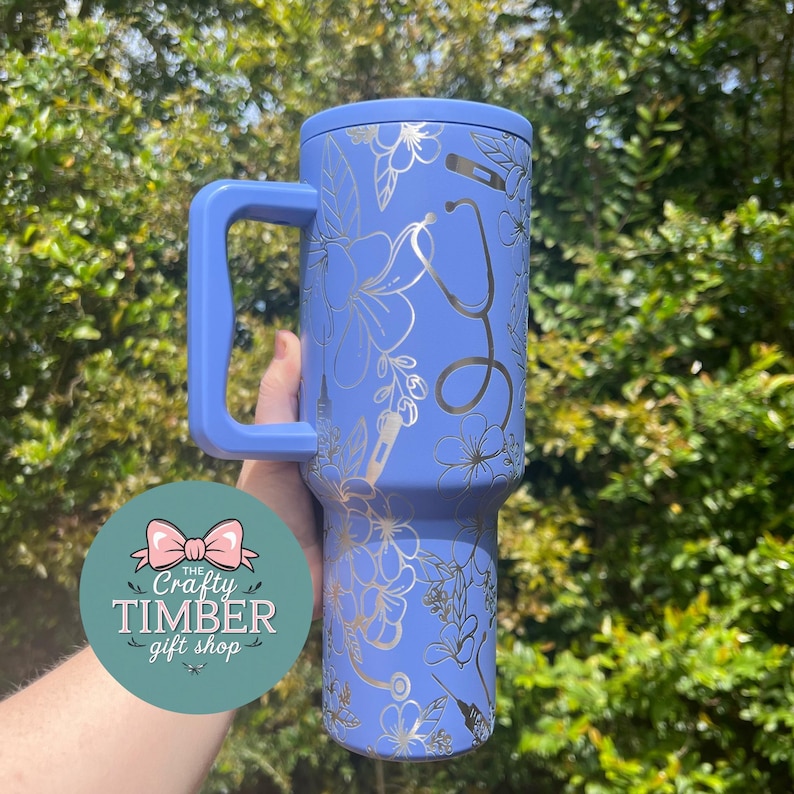 40oz Floral Nurse Tumbler - Engraved Tumbler With Handle - Simple Modern Trek Tumbler - Simple Modern Nurse Tumbler - Stanley Dupe Tumbler image 1