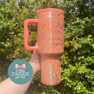 40oz Tooled Leather Sunflower Tumbler - Laser Engraved Tumbler
